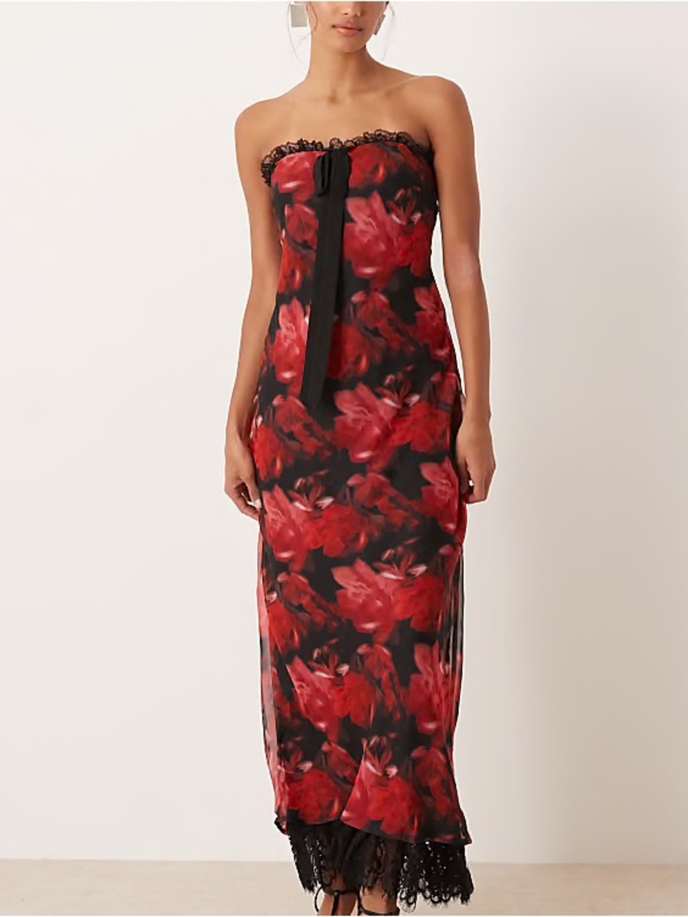 For Love & Lemons Red and Black Strapless Floral Lace-Trim Maxi Dress